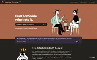 The Meet My Therapist home page: Find someone who gets it, with a search bar and an illustration of two people talking.