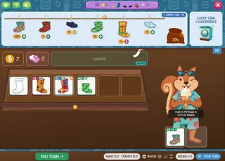 A turn in The Lost Socks: a squirrel character beside a board of patterned socks to match.