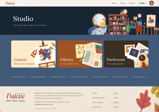 The Palette Studio page, with illustrated cards for Canvas, Library, and Darkroom.